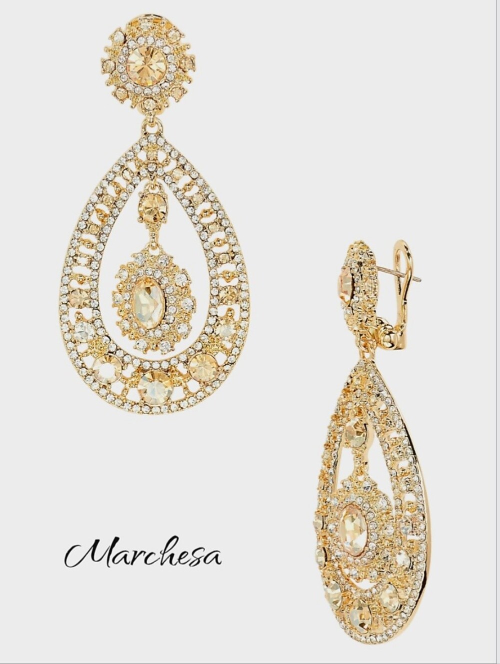 NWT Marchesa Champagne and Gold Crystal Teardrop Earrings